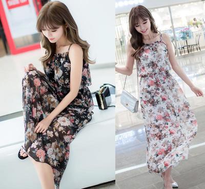 實(shí)拍2016新款夏裝 波西米亞吊帶長裙沙灘裙碎花連衣裙